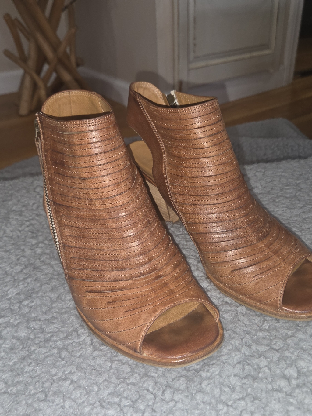 Paul Green Cayenne Brown Leather Slingback Heeled Booties/Peep-Toe Sandals
